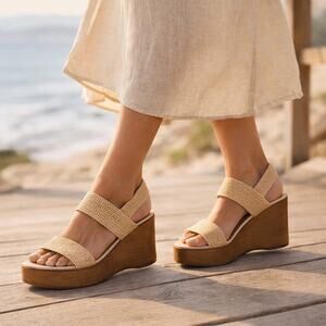 Lucky Brand Wedge Sandals Womens 10 Beige Raffia Platform Slingback Open Toe NEW